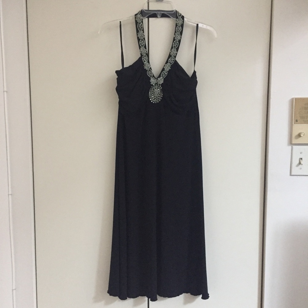 Black halter dress with beaded neckline, size 10